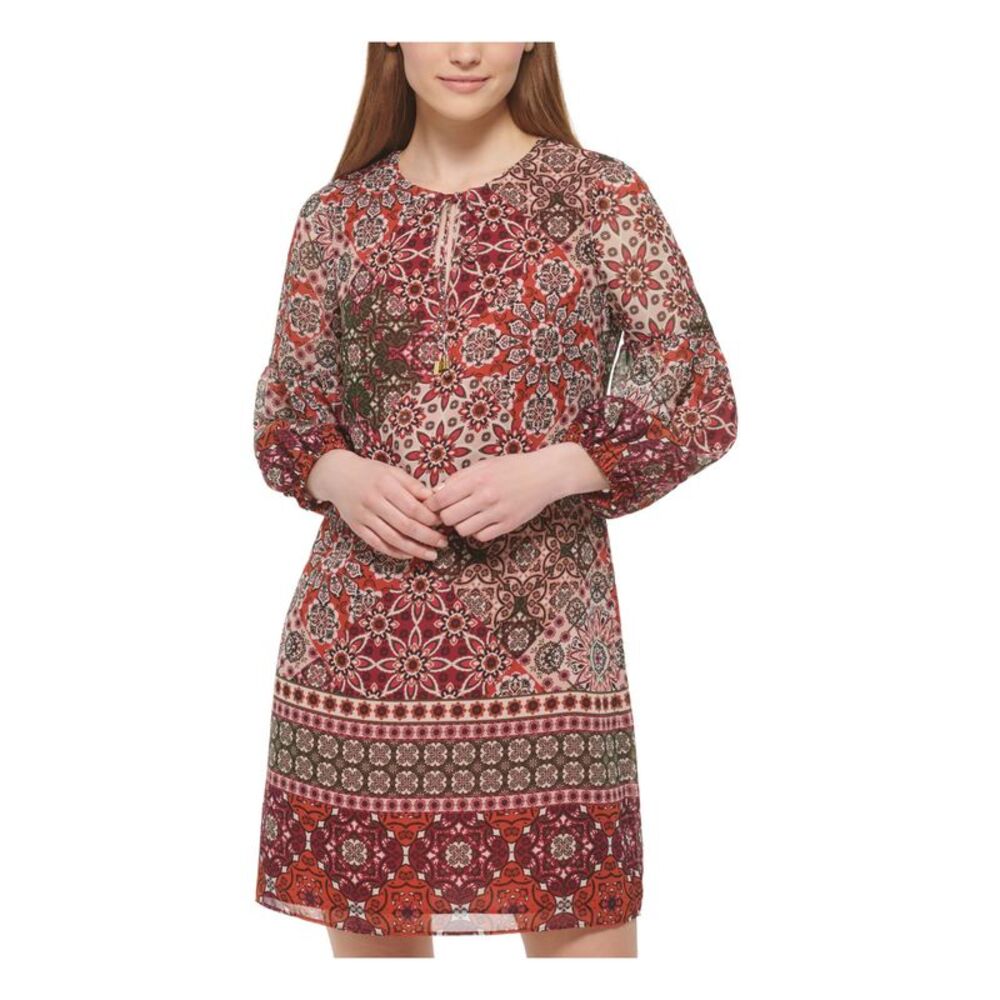 VINCE CAMUTO Womens Orange Tie Lined 3/4 Sleeve Split Shift Dress Petites 2P
